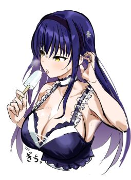 1girl black_choker black_hair black_hairband blue_camisole blush bone_hair_ornament breasts camisole choker cleavage clueless collarbone cowboy_shot food frilled_camisole frills hair_between_eyes hair_ornament hairband ice_cream kushima_kamome large_breasts long_hair motion_lines open_mouth sexually_suggestive sideboob sidelocks simple_background skull_and_crossbones skull_hair_ornament smile solo speech_bubble straight_hair summer_pockets tongue tongue_out upper_body white_background yellow_eyes zenoo