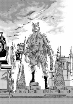 1boy 913kousatu absurdres belt bloodborne boots building capelet commentary_request djura full_body greyscale gun hair_over_one_eye hat highres holding holding_gun holding_weapon looking_at_viewer male_focus monochrome outdoors overcast pants polearm shirt short_hair sky solo spear standing weapon