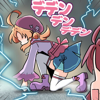 Rule 34 | 2girls, ahoge, akechi anna, beret, blue skirt, blurry, blurry background, boots, clenched hand, commentary, double bun, electricity, emphasis lines, faceless, faceless female, facing another, from side, full body, hair bun, hair intakes, hat, kobayashi mikuru, long sleeves, medium hair, meitantei precure!, miniskirt, multicolored shirt, multiple girls, navyblue konjac, on ground, on one knee, open mouth, orange hair, parody, parted bangs, pink shirt, pleated skirt, precure, purple boots, purple hair, purple hat, purple shirt, shirt, skirt, solo focus, sound effects, terminator (series), thighhighs, translated, two-tone shirt, white thighhighs