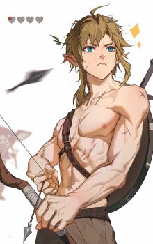 1boy absurdres ahoge arrow_(projectile) belt blonde_hair blue_eyes bokoblin bow_(weapon) brown_pants closed_mouth collarbone commentary cowboy_shot fingernails frown highres holding holding_bow_(weapon) holding_weapon incoming_attack link male_focus medium_hair multiple_scars navel nintendo nipples pants pectorals pointy_ears scar shield shield_on_back shin_ra_ra solo_focus sword sword_on_back the_legend_of_zelda the_legend_of_zelda:_breath_of_the_wild toned toned_male topless_male weapon weapon_on_back white_background