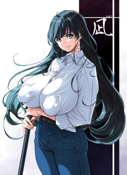 1girl alternate_eye_color aqua_eyes arato_nagi arm_under_breasts belt black_hair blue_pants breasts collared_shirt commentary_request covered_erect_nipples denim earrings hammer holding holding_hammer huge_breasts huge_nipples jeans jewelry kantori long_hair long_sleeves looking_at_viewer pants ruri_no_houseki shirt sidelocks simple_background solo standing stud_earrings very_long_hair white_background white_shirt