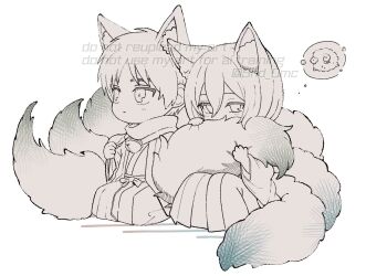 1boy 1girl 5nd_0mc animal_ear_fluff animal_ears bell chibi chibi_only eren_yeager fox_boy fox_ears fox_girl fox_tail greyscale hair_between_eyes hakama highres image_in_thought_bubble japanese_clothes kemonomimi_mode light_blush mikasa_ackerman monochrome multiple_tails neck_bell parted_bangs scarf sheep shingeki_no_kyojin short_hair sitting spiral_horn tail twitter_username white_background