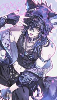 Rule 34 | 1boy, absurdres, animal ears, asymmetrical gloves, bandaid, bandaid on face, bandaid on nose, bandaid on shoulder, bare shoulders, bell, belt collar, black gloves, black nails, black pants, black shirt, blue eyes, butterfly hair ornament, butterfly necklace, butterfly ornament, chain, chain belt, chain necklace, collar, commentary, commission, crop top, dutch angle, fang, fingerless gloves, gloves, hair between eyes, hair ornament, hair over one eye, hat, highres, jacket, jacket partially removed, jewelry, jingle bell, long hair, male focus, midriff peek, navel, neck bell, necklace, nihoneho, original, outline, pants, pink outline, purple hair, purple hat, purple jacket, shirt, sitting, solo, sparkle, spread legs, tail, tongue, tongue out, torn clothes, torn shirt, v, v over eye, white outline, wolf boy, wolf ears, wolf tail, yabi fashion