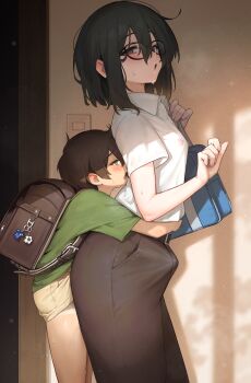 2boys absurdres blush bulge child commentary_request crossdressing crossdressing_(mtf) erection glasses hakusyokuto highres long_sleeves male_focus medium_hair multiple_boys open_mouth original shirt short_hair shota shota_with_trap simple_background size_difference skirt trap yaoi