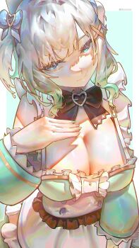 1girl absurdres alternate_breast_size_(larger) apron black_bow blue_eyes bow breasts closed_mouth collar densetsu.exe detached_collar detached_sleeves dress green_dress green_nails green_sleeves hair_ornament hand_on_own_chest hashtag-only_commentary highres large_breasts looking_at_viewer maid maid_apron medium_hair mint_fantome mint_fantome_(minto_2.0) nail_polish smile tkom white_apron white_collar white_hair x_hair_ornament