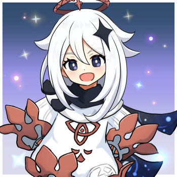 1girl :d black_eyes dress eyelashes genshin_impact hair_between_eyes hair_ornament halo hands_on_own_hips highres long_sleeves looking_at_viewer medium_hair open_mouth paimon_(genshin_impact) smile solo star_(symbol) star_hair_ornament white_dress white_hair yyukisnow