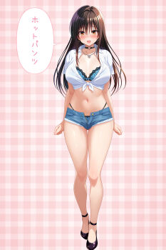 1girl bimbofication black_hair black_shoes blue_bra blue_shorts bra breasts brown_eyes collared_shirt commentary_request cygnus_(cygnus7) gyaru highres knees kotegawa_yui large_breasts large_variant_set legs long_hair midriff navel plaid_background shirt shoes short_shorts shorts solo speech_bubble stomach tied_shirt to_love-ru to_love-ru_darkness translation_request underwear variant_set very_long_hair white_shirt