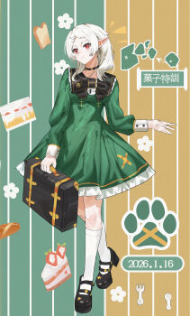 Rule 34 | 1girl, absurdres, black choker, black shoes, blush, bread, bread slice, breasts, cake, cake slice, choker, closed mouth, commentary request, dated, dress, elf, food, full body, green dress, highres, holding, holding suitcase, looking at viewer, medium hair, mushoku tensei, paw print, pointy ears, psh5528, red eyes, shoes, small breasts, smile, socks, solo, suitcase, sylphiette (mushoku tensei), tiptoes, toast, white hair, white socks, white wrist cuffs, wrist cuffs