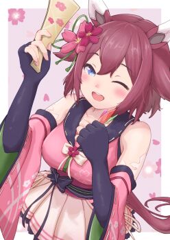 1girl abo-ne animal_ears blue_eyes blush breasts collarbone commentary_request detached_sleeves fingerless_gloves flower gloves hair_between_eyes hair_flower hair_ornament highres horse_ears horse_girl looking_at_viewer medium_breasts medium_hair one_eye_closed open_mouth petals pink_hair ribbon sakura_chiyono_o_(hinoshita_kaisan_hana_akari)_(umamusume) sakura_chiyono_o_(umamusume) short_hair teeth umamusume upper_teeth_only