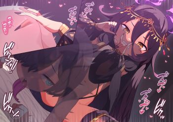 1boy 1girl black_hair black_nails blue_eyes blush commentary detached_sleeves fingernails hair_between_eyes hair_ornament heart hetero highres horns jewelry long_hair mauro_(monmusu_td) monster_musume_td motion_lines nail_polish navel open_mouth paid_reward_available purple_hair robo_mikan see-through_clothes sex short_hair tongue variant_set very_long_hair yellow_eyes