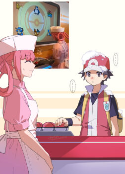 ... 1boy 1girl 88_(einnimnech) apron baseball_cap black_hair blastoise brown_eyes brown_hair charizard closed_eyes closed_mouth commentary_request dress gen_1_pokemon hair_rings hat highres jacket joy_(pokemon) lapras nintendo nurse nurse_cap photo_inset pikachu pink_dress pink_hair poke_ball poke_ball_(basic) pokemon pokemon_(creature) pokemon_hgss red_(pokemon) red_hat shirt short_hair short_sleeves smile snorlax snow_on_head speech_bubble spoken_ellipsis sweatdrop venusaur vs_seeker white_apron yellow_bag