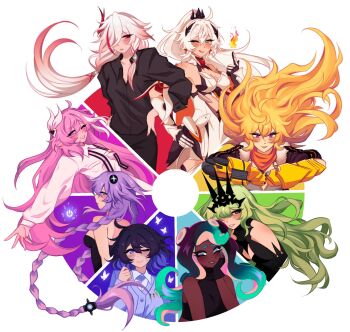 6+girls aqua_hair black_dress black_hair black_leotard black_shirt black_tiara blonde_hair blue_eyes blue_hair blue_shirt breasts choujigen_game_neptune cleavage color_wheel_challenge commentary dark-skinned_female dark_skin dress elysia_(herrscher_of_human:_ego)_(honkai_impact) elysia_(honkai_impact) english_commentary fire fu_hua fu_hua_(phoenix) green_hair highres honkai_(series) honkai_impact_3rd jacket kiana_kaslana kiana_kaslana_(herrscher_of_flamescion) leotard long_braid long_hair marina_(splatoon) medium_breasts minxinq mobius_(honkai_impact) multicolored_hair multiple_drawing_challenge multiple_girls neptune_(series) nintendo octoling official_alternate_costume one_eye_closed pink_hair purple_hair purple_heart_(neptunia) red_hair rwby seele_vollerei seele_vollerei_(herrscher_of_rebirth) shirt splatoon_(series) tiara two-tone_hair white_background white_hair white_shirt yang_xiao_long yellow_jacket