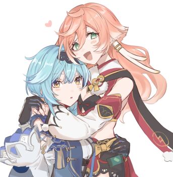 2girls :d :o antlers bare_shoulders barefoot black_bra blue_hair blush blush_stickers bow bra breast_press breasts cleavage crop_top detached_sleeves eula_(genshin_impact) genshin_impact gloves green_eyes hair_between_eyes hairband heart highres holding_hands horns hug long_sleeves looking_at_viewer midriff multiple_girls open_mouth pink_hair short_shorts shorts simple_background small_breasts smile sushi_171 underwear weapon wide_sleeves yanfei_(genshin_impact) yellow_bow yellow_eyes