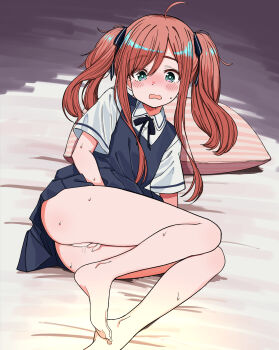 1girl absurdres ahoge aqua_eyes barefoot black_ribbon blue_dress blush bright_pupils censored clothes_lift collared_shirt commentary_request dress dress_lift female_masturbation foot_out_of_frame hair_between_eyes hair_ribbon highres long_bangs long_hair long_sidelocks lying masturbation michimori_karen_(urushiushiru) neck_ribbon no_panties nose_blush on_bed on_side open_mouth orange_hair original parted_bangs pillow pinafore_dress pleated_dress pussy pussy_juice reclining ribbon school_uniform scribble_censor shirt sidelocks sleeveless sleeveless_dress solo sweat twintails urushiushiru variant_set wavy_mouth white_pupils white_shirt wing_collar