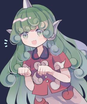 1girl :d animal_ears blue_background collared_shirt commentary cowboy_shot curly_hair green_eyes green_hair hiyuu_(hiyualice) horns kariyushi_shirt komano_aunn long_hair looking_at_viewer open_mouth paw_pose red_shirt shirt short_sleeves simple_background single_horn smile solo touhou very_long_hair