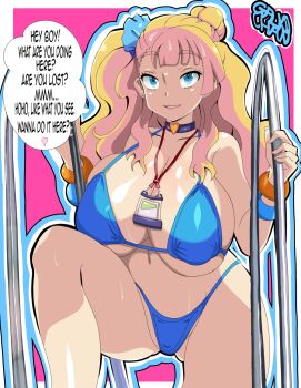1girl bikini blonde_hair blue_bikini blue_eyes breasts choker english_text female_focus galko heart highleg highleg_bikini huge_breasts jewelry long_hair looking_at_viewer magenta_background navel necklace oshiete!_galko-chan pool pov presenting shiny_skin simple_background smile spoken_heart swimsuit tareme