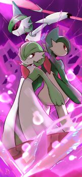 1boy 1girl 1other absurdres arm_blade artist_name back-to-back black_sclera blue_hair bob_cut closed_mouth colored_sclera colored_skin dot_mouth double_blade eye_contact flat_chest gallade gardevoir gem gen_3_pokemon gen_4_pokemon green_hair green_skin hair_over_one_eye highres holding holding_weapon humanoid_robot iron_valiant joints jumping looking_at_another looking_back mohawk multicolored_hair multicolored_skin nintendo no_mouth one_eye_covered pink_gemstone pixel_eyes pokemon pokemon_(creature) profile purple_background red_eyes revelart robot robot_joints short_hair signature standing two-tone_hair two-tone_skin weapon white_skin