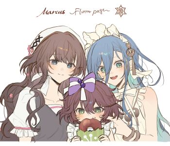 Rule 34 | 37 (naisnow) (reverse:1999), 37 (reverse:1999), 3girls, bagel, bare shoulders, beret, blue eyes, blue hair, bow, brown hair, character name, closed mouth, eating, flower, flutterpage, flutterpage (naisnow), food, food on face, grey vest, hair between eyes, hair bow, hair flower, hair ornament, hand on another's face, hands up, hashtag-only commentary, hat, hexagram, highres, holding, holding food, long hair, looking at another, looking down, marcus (naisnow) (reverse:1999), marcus (reverse:1999), mole, mole under eye, multiple girls, neck ribbon, official alternate costume, open mouth, pink flower, puffy short sleeves, puffy sleeves, purple bow, reverse:1999, ribbon, shirt, short hair, short sleeves, signature, sleeveless, sleeveless shirt, smile, sp0i0ppp, upper body, very long hair, vest, white background, white hat, white ribbon, white shirt