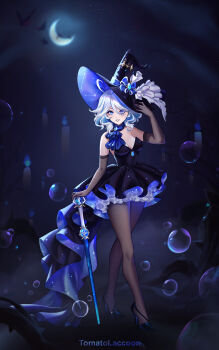 1girl ahoge alternate_costume ascot bare_shoulders black_dress black_gloves black_pantyhose black_shoes blue_ascot blue_eyes blue_gemstone blue_pupils blue_streaks breasts bubble candle cleavage commentary crescent dress elbow_gloves english_commentary full_body furina_(genshin_impact) gem genshin_impact gloves hand_on_headwear hat heterochromia high_heels highres looking_at_viewer medium_breasts multicolored_hair night outdoors pantyhose shoes signature smile solo splendor_of_tranquil_waters_(genshin_impact) standing strapless strapless_dress streaked_hair tomatolaccoon white_hair witch_hat