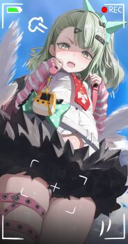 Rule 34 | 1girl, absurdres, achib, arm warmers, backpack, bag, black skirt, blush, earrings, from below, green eyes, green hair, hair ornament, hairclip, highres, jewelry, long hair, long sleeves, looking at viewer, necktie, open mouth, panties, pantyshot, pink bag, ponytail, recording, red necktie, shirt, skirt, sky, solo, striped arm warmers, striped clothes, striped panties, sunna (zenless zone zero), thigh strap, underwear, white shirt, white wings, wings, y2k fashion, zenless zone zero