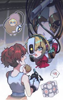 2girls :i absurdres aigis_(persona) andrich_galam android aperture_science_handheld_portal_device aperture_science_weighted_companion_cube arms_behind_back blonde_hair blue_eyes blush bow bowtie brown_hair chell chell_(cosplay) chestnut_mouth commentary cosplay deformed english_commentary food from_behind glados glados_(cosplay) hands_up hanging headphones heart highres holding holding_food indoors joints jumpsuit jumpsuit_around_waist looking_at_another medium_hair multiple_girls multiple_views open_mouth orange_jumpsuit persona persona_3 persona_3_portable ponytail portal portal_(series) portal_2 potato pout red_bow red_bowtie red_eyes red_hair robot_joints shiomi_kotone shirt short_hair sleeveless sleeveless_shirt spoken_heart standing triangle_mouth upside-down white_shirt