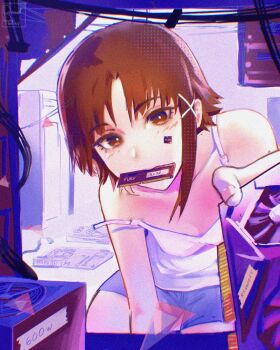 1girl amd_ryzen bare_shoulders breasts brown_eyes brown_hair collarbone dazed_pedler graphics_card hair_ornament highres holding iwakura_lain mouth_hold off_shoulder on_floor serial_experiments_lain short_hair short_shorts shorts sidelocks small_breasts solo thighs x_hair_ornament