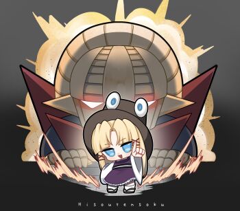 1girl blonde_hair brown_hat chibi chibi_only commentary hair_ribbon hat highres hisou_tensoku long_hair long_sleeves looking_at_viewer mecha moriya_suwako no_noru open_mouth pointing purple_skirt purple_vest red_ribbon ribbon robot sandals skirt skirt_set smile socks solo touhou very_long_hair vest white_socks wide_sleeves