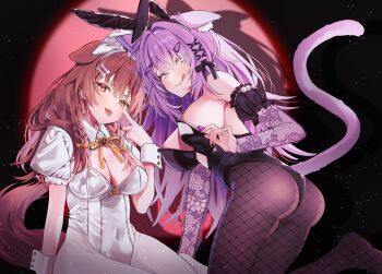Rule 34 | 2girls, animal ears, bare shoulders, black leotard, blush, breasts, brown eyes, brown hair, brown tail, cat ears, cat girl, cat tail, cleavage, commentary request, dog ears, dog girl, dog tail, fake animal ears, fishnet pantyhose, fishnets, highres, hololive, inugami korone, large breasts, leotard, long hair, maki oimo, multiple girls, nekomata okayu, pantyhose, playboy bunny, purple eyes, purple hair, purple tail, rabbit ears, shadow, strapless, strapless leotard, tail, tongue, tongue out, virtual youtuber, white leotard, white pantyhose