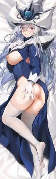 1girl ass blue_dress blush breasts commentary_request dakimakura_(medium) dress duel_monster gloves grey_hair hair_between_eyes hat highres large_breasts long_hair looking_at_viewer lying nipples on_side purple_eyes pussy pussy_juice silent_magician staryume thighhighs white_gloves white_hat white_thighhighs wizard_hat yu-gi-oh!