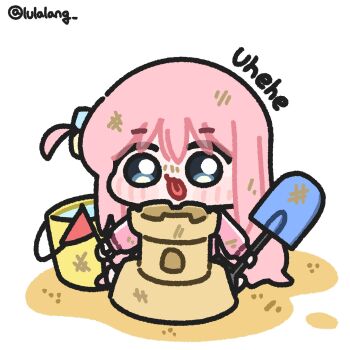 1girl blue_eyes bocchi_the_rock! bucket bucket_of_water chibi chibi_only commentary dirty english_commentary flag full_body gotoh_hitori highres holding holding_flag holding_shovel long_hair looking_at_viewer lulalang one_side_up pink_hair sand sand_castle sand_sculpture shovel sitting solo tongue tongue_out white_background