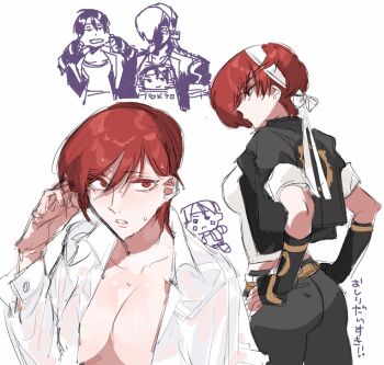 blush breasts character_print cleavage commentary_request cosplay fingerless_gloves genderswap genderswap_(mtf) gloves hair_over_one_eye jacket kusanagi_kyou kusanagi_kyou_(cosplay) large_breasts looking_at_viewer miss_x pants red_eyes red_hair school_uniform shirt short_hair snk snk_heroines:_tag_team_frenzy the_king_of_fighters tobari18 yagami_iori