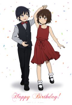 1boy 1girl black_hair black_pants black_shoes black_vest bobby_socks boku_dake_ga_inai_machi bow bowtie commentary_request confetti dress fujinuma_satoru grey_shirt happy_birthday hetero hinazuki_kayo holding_hands looking_at_another mairu_(582284310) mary_janes pants red_bow red_bowtie red_dress shirt shoes short_hair socks vest white_socks