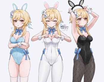 1girl :&lt; :o adjusting_clothes adjusting_leotard animal_ear_hairband animal_ears arm_under_breasts bare_shoulders black_hairband black_leotard black_pantyhose blonde_hair blue_bow blue_leotard bow breasts cleavage closed_mouth commentary_request covered_navel cowboy_shot dated fake_animal_ears flower genshin_impact hair_between_eyes hair_flower hair_ornament hairband half-closed_eyes highleg highleg_leotard leotard looking_at_viewer lumine_(genshin_impact) medium_breasts multiple_views pantyhose parted_lips playboy_bunny q_(oshikuraq) rabbit_ears removing_hairband short_hair_with_long_locks simple_background strapless strapless_leotard thighhighs twitter_username white_background white_flower white_hairband white_leotard white_pantyhose white_thighhighs yellow_eyes