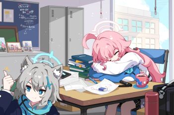 2girls ahoge animal_ear_fluff animal_ears ayane_(blue_archive) badge bag black_skirt blue_archive blue_halo blue_jacket blue_necktie blue_scales blue_sky book bookmark bottle box building cellphone chair closed_eyes commentary cup cup_holder drawer eraser fang grey_hair hair_ornament hairclip halo hoshino_(blue_archive) ideolo indoors jacket long_hair long_sleeves multiple_girls necktie nonomi_(blue_archive) on_chair open_mouth paper pen phone picture_frame pink_hair pink_halo plaid_clothes plaid_skirt scarf school_bag serika_(blue_archive) shiroko_(blue_archive) shirt sitting skin_fang skirt sky sleeping smartphone smile solo stuffed_animal stuffed_toy table tea teabag thumbs_up white_shirt window wolf_ears wolf_girl yume_(blue_archive)