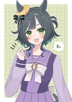 1girl animal_ears blush bow bowtie breasts commentary_request ear_ornament ears_through_headwear green_eyes green_hair hair_between_eyes hat highres horse_ears horse_girl horse_tail kiseki_(umamusume) looking_at_viewer mayuchi427 medium_hair multicolored_hair open_mouth pleated_skirt purple_sailor_collar purple_serafuku purple_shirt purple_skirt sailor_collar sailor_shirt school_uniform serafuku shirt short_hair skirt smile solo speech_bubble tail tracen_school_uniform umamusume white_bow white_bowtie white_streaks yellow_beret