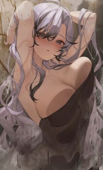 1girl against_glass armpits arms_behind_head arms_up bath bathing black_streaks blush breast_press breasts breasts_on_glass cleavage collarbone commentary commentary_request commission english_commentary grey_eyes grey_hair hair_between_eyes highres large_breasts long_hair looking_at_viewer metatarou mixed-language_commentary multicolored_hair naked_towel original parted_lips skeb_commission solo towel two-tone_hair upper_body