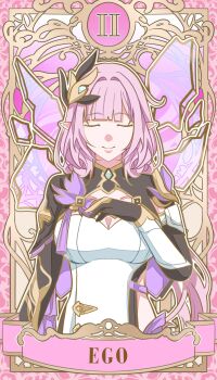 1girl black_gloves breasts card_(medium) cleavage closed_eyes commentary corset elf elysia_(honkai_impact) elysia_(miss_pink_elf)_(honkai_impact) gloves hair_ornament highres honkai_(series) honkai_impact_3rd khuffi large_breasts long_hair pink_hair pointy_ears roman_numeral shrug_(clothing) smile solo tarot tarot_(medium) very_long_hair white_corset