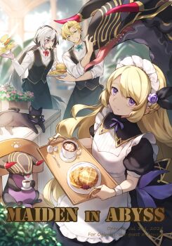 1girl 2boys alternate_costume apron beard_stubble black_cat black_dress black_hair black_vest blonde_hair blue_eyes burger butler cat chair closed_mouth commentary_request cup curran_(dragalia_lost) dragalia_lost dragalinuka dress english_text facial_hair flower food french_fries glasses grey_hair hair_between_eyes hair_flower hair_ornament heinwald_(dragalia_lost) highres holding holding_cup holding_tray lathna long_hair long_sleeves looking_at_viewer maid maid_apron maid_headdress multicolored_hair multiple_boys nyarlathotep_(dragalia_lost) on_chair plate puffy_short_sleeves puffy_sleeves purple_eyes purple_flower purple_rose red_eyes rose shirt short_hair short_sleeves sitting smile stubble teacup tray two-tone_hair very_long_hair vest white_shirt wrist_cuffs