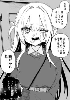 1girl absurdres bag bandaid bandaid_on_face blood bruise bruise_on_face bruised_eye commentary gauze gauze_on_cheek greyscale handbag highres injury kuga_tsuniya long_hair looking_at_viewer monochrome nosebleed original sad_smile speech_bubble splash_page sweater tissue_in_nose translated
