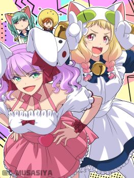 4girls :3 :d absurdres animal_ears animal_hands animal_hat apron aqua_hair bell blue_dress blue_sailor_collar braid cat_ears cat_hat commentary_request cosplay dejiko dejiko_(cosplay) di_gi_charat dice_hair_ornament dress frilled_apron frills gema gema_(cosplay) gloves green_eyes hair_ornament hat highres long_hair love_live! love_live!_superstar!! maid maid_apron miniskirt multiple_girls musashiya_chougenbou neck_bell off-shoulder_shirt off_shoulder onitsuka_natsumi onitsuka_tomari open_mouth orange_hair pantyhose partial_commentary paw_gloves pink_skirt puchiko puchiko_(cosplay) puffy_short_sleeves puffy_sleeves purple_hair rabbit_ears sailor_collar school_uniform serafuku shibuya_kanon shirt short_sleeves skirt smile tiger_hat twin_braids twintails twitter_username usada_hikaru wavy_hair white_apron white_gloves white_pantyhose white_shirt wien_margarete x_mouth