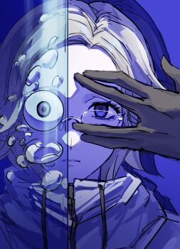 1boy absurdres air_bubble aotsuki_eito arm_up black_gloves blue_background blue_eyes bubble chinese_commentary commentary_request eyeball glasses gloves grey_hair highres jacket lianji395 looking_at_viewer male_focus one_eye_covered portrait purple_eyes salute short_hair solo the_hundred_line_-last_defense_academy- v v_over_eye vulcan_salute white_jacket