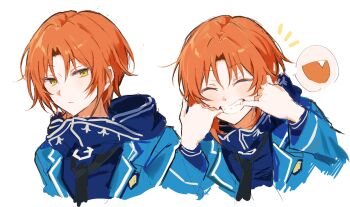 Rule 34 | 1boy, black necktie, blue hoodie, blue jacket, blush, closed eyes, commentary request, cropped shoulders, curtained hair, ensemble stars!, facing viewer, fangs, finger in own mouth, frown, green eyes, hair between eyes, hands up, happy, highres, hood, hood down, hoodie, jacket, korean commentary, long sleeves, looking at viewer, love (chyuu u), male focus, medium hair, multiple views, necktie, open mouth, orange hair, portrait, school uniform, side ponytail, sidelocks, simple background, smile, speech bubble, tsukinaga leo, white background, yumenosaki school uniform