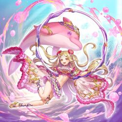 1girl animal blonde_hair blush breasts bubble character_request cloud cloudy_sky dolphin feet floating floating_hair flower_ornament full_body gold long_hair navel open_mouth pink_dolphin sandals sky small_breasts smile valkyrie_connect veil yellow_eyes