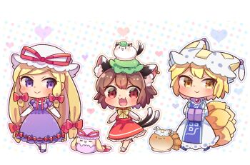 3girls :&gt; :3 :d animal_ear_fluff animal_ears blob blonde_hair blue_footwear blush bow breasts brooch brown_eyes brown_hair cat_ears cat_tail chen choker commentary_request dotted_background dress dress_bow earrings elbow_gloves fang fox_tail frilled_dress frills full_body gem gloves green_headwear hair_ribbon hands_in_opposite_sleeves happy hat highres ibaraki_natou jewelry kitsune large_breasts long_hair long_sleeves looking_at_viewer looking_to_the_side mary_janes mob_cap multiple_girls multiple_tails nekomata ofuda on_head open_mouth puffy_short_sleeves puffy_sleeves purple_dress purple_eyes red_choker red_footwear red_gemstone red_neckwear red_ribbon red_skirt red_vest ribbon ribbon-trimmed_dress ribbon_choker ribbon_trim shoes short_hair short_sleeves sidelocks single_earring skirt smile socks solid_oval_eyes standing tabard tail tassel touhou tress_ribbon two_tails vest white_background white_footwear white_gloves white_headwear white_sleeves yakumo_ran yakumo_yukari yellow_eyes yellow_neckwear
