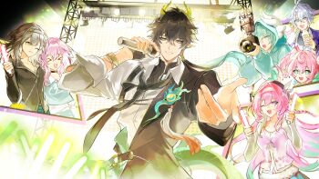 &gt;_&lt; 3boys 4girls absurdres anaxa_(honkai:_star_rail) animal_costume aqua_hair black_hair black_shirt breasts camera commentary cyrene_(honkai:_star_rail) cyrene_(ripples_of_past_reverie)_(honkai:_star_rail) dan_heng_(honkai:_star_rail) dan_heng_(permansor_terrae)_(honkai:_star_rail) english_commentary glowstick green_eyes green_hair grey_hair highres holding holding_camera holding_glowstick holding_microphone honkai:_star_rail honkai_(series) hush_(xoxo_hush) hyacine_(honkai:_star_rail) long_hair looking_at_viewer march_7th_(honkai:_star_rail) medium_breasts microphone multicolored_hair multiple_boys multiple_girls phainon_(honkai:_star_rail) pink_hair pink_shirt pointy_ears purple_eyes second-party_source shirt stage stelle_(honkai:_star_rail) trailblazer_(honkai:_star_rail) twintails two-tone_hair very_long_hair white_hair