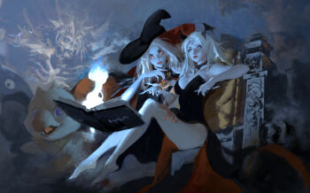 2girls bare_shoulders barefoot black_dress book breasts chair chocobo dress final_fantasy hat highres multiple_girls on_chair orange_eyes ruanjia sitting witch_hat