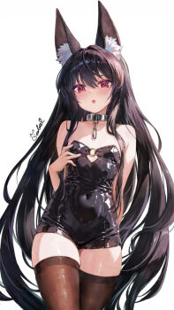 1girl :o animal_ears black_hair black_leotard black_thighhighs collar commentary_request covered_navel flat_chest fox_ears fox_girl hand_on_own_chest highres leotard long_hair looking_at_viewer metal_collar o-ring original parted_lips red_eyes senri_tsukuyomi simple_background strapless strapless_leotard thighhighs very_long_hair white_background