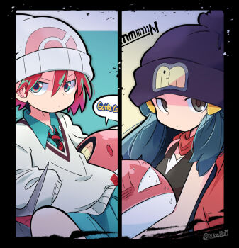 Rule 34 | 2girls, amate yuzuriha, anger vein, ascot, beanie, black border, black eyes, blue eyes, border, closed mouth, dawn (pokemon), gen 1 pokemon, gundam, gundam gquuuuuux, hair between eyes, hands in pockets, hat, headwear switch, highres, multiple girls, necktie, nintendo, pokemon, pokemon (creature), pokemon dppt, rascal (feuille), red ascot, striped necktie, sweater, voltorb, white hat, white sweater