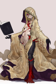 1girl absurdres armor bags_under_eyes blonde_hair book breasts claws commentary_request cracked_skin ekrea_jan expressionless fantasy floating floating_book floating_object full_body highres hood hood_up hooded_robe long_hair looking_at_viewer monster_girl navel original red_eyes robe small_breasts solo spikes