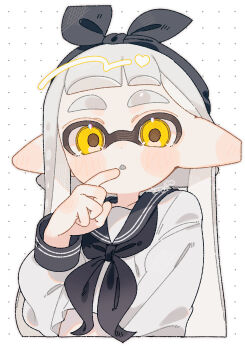 Rule 34 | 1girl, :o, black hairband, black neckerchief, black sailor collar, blush, commentary request, dot nose, ear blush, finger to mouth, grey hair, hairband, hand up, highres, index finger raised, inkling, inkling girl, inkling player character, light blush, long hair, long sleeves, looking at viewer, neckerchief, nintendo, open mouth, pointy ears, sabata saba, sailor collar, shirt, solo, splatoon (series), tentacle hair, white shirt, yellow eyes